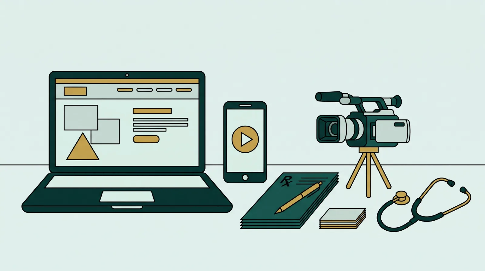 Illustration: what the studio makes for a doctor, a website on a laptop, a video on a phone, a prescription pad, visiting cards and a camera