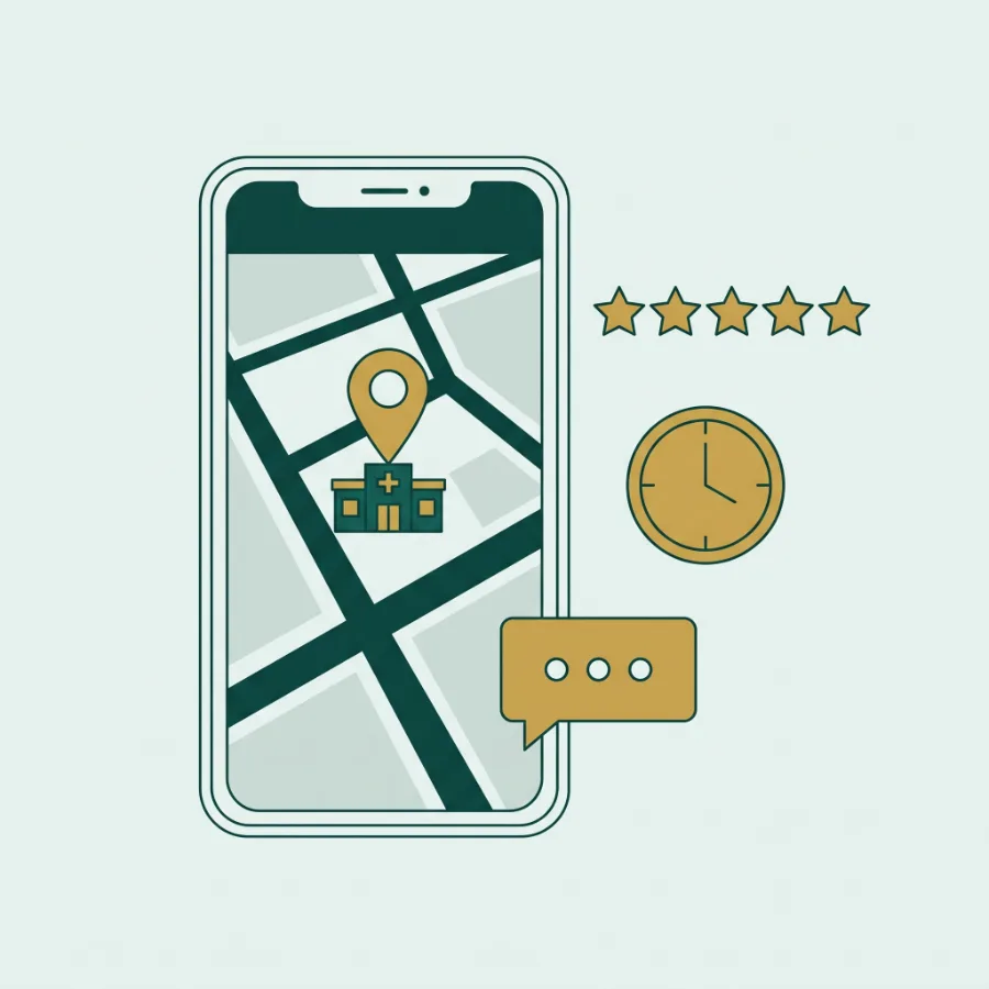 Illustration: a phone showing a clinic on a map, with review stars, a reply bubble and opening hours