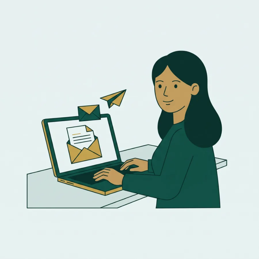 Illustration: a person at a desk reads an enquiry and writes a reply by email