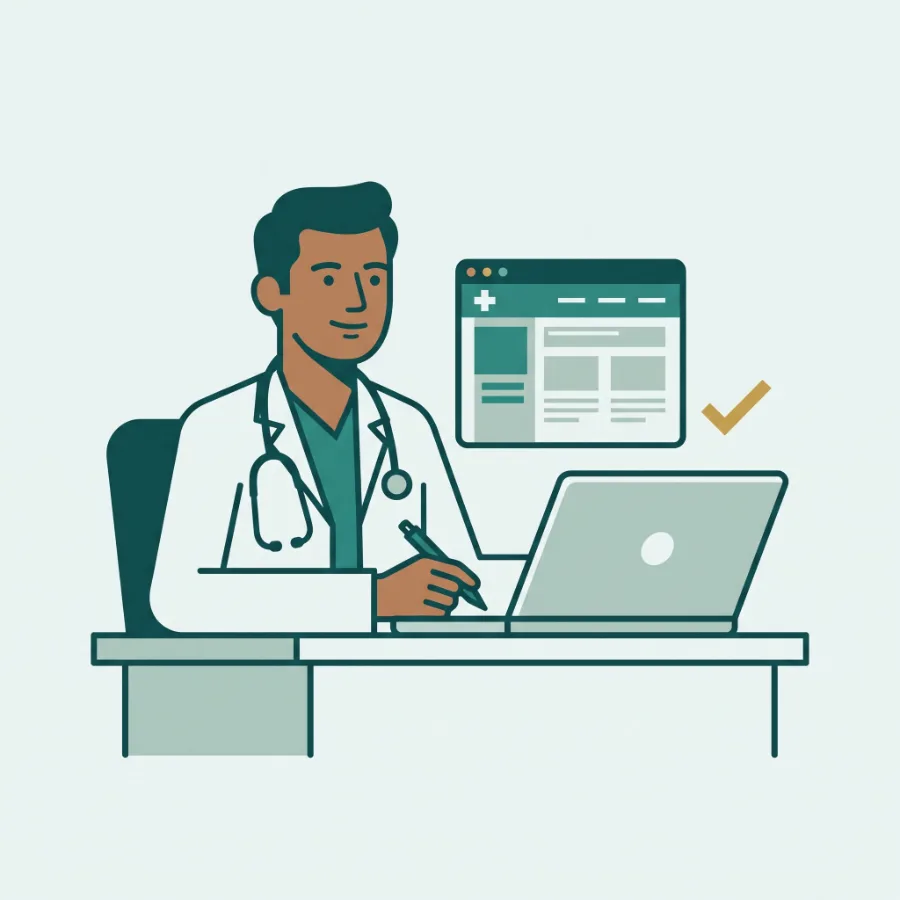 Illustration: a doctor checks a clinic web page and ticks it before it goes live