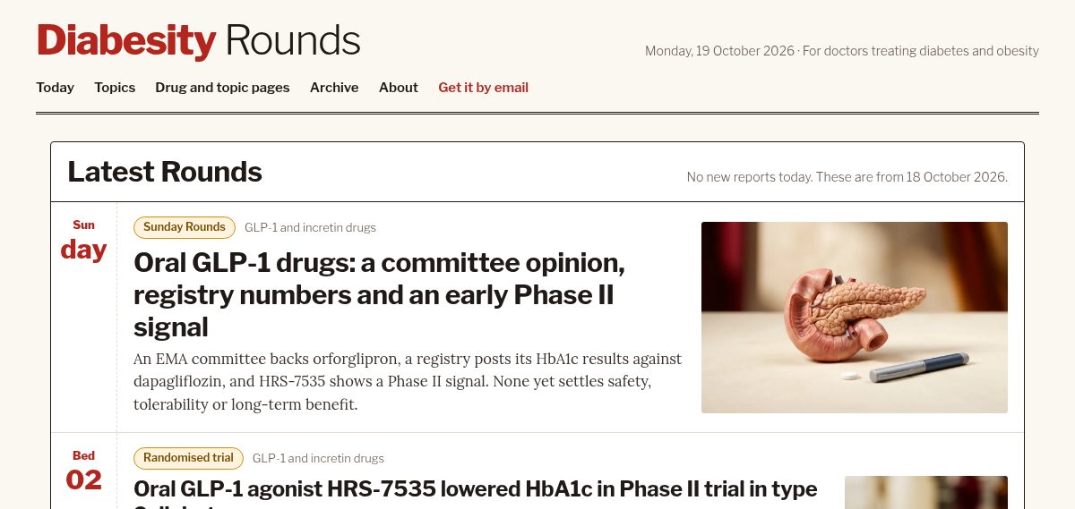 Homepage of diabesityrounds.com: the Today's Rounds board, with each new study listed as a numbered Bed row