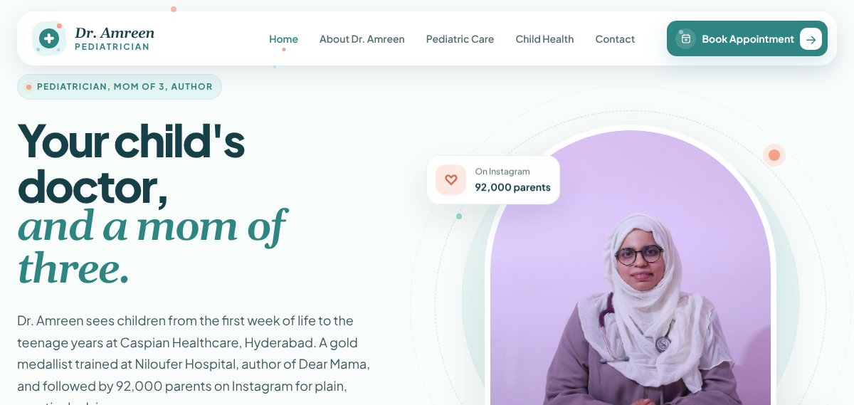 Homepage of babydocamreen.com: Your child's doctor, and a mom of three, with an arched portrait of Dr. Amreen and a note chip for her 92,000 Instagram followers