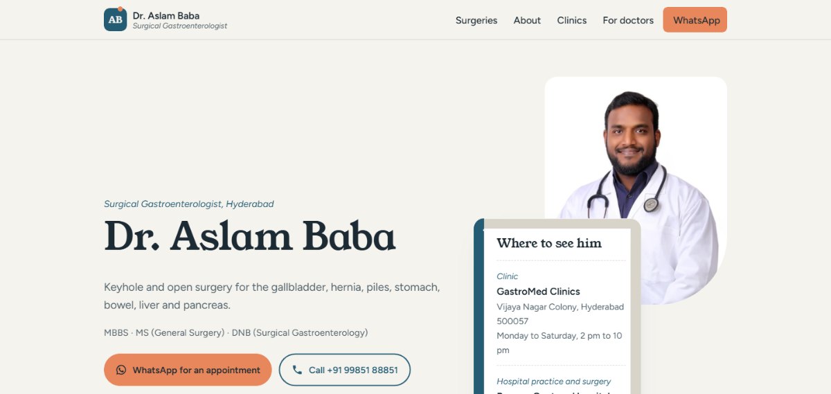 Homepage of Dr. Aslam Baba's site: Surgical Gastroenterologist, Hyderabad, with his portrait and a card showing where to see him