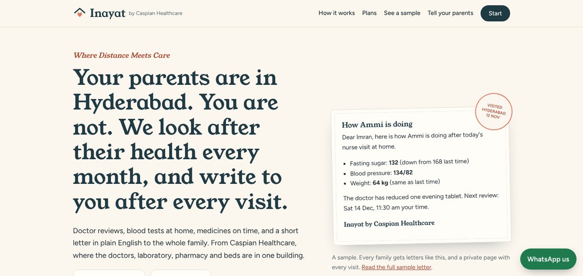 Homepage of inayatcare.com: Where Distance Meets Care, with a sample letter to the family stamped Visited Hyderabad
