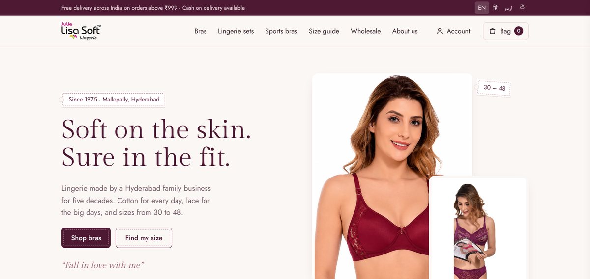 Homepage of julielisasoft.com: Soft on the skin. Sure in the fit.