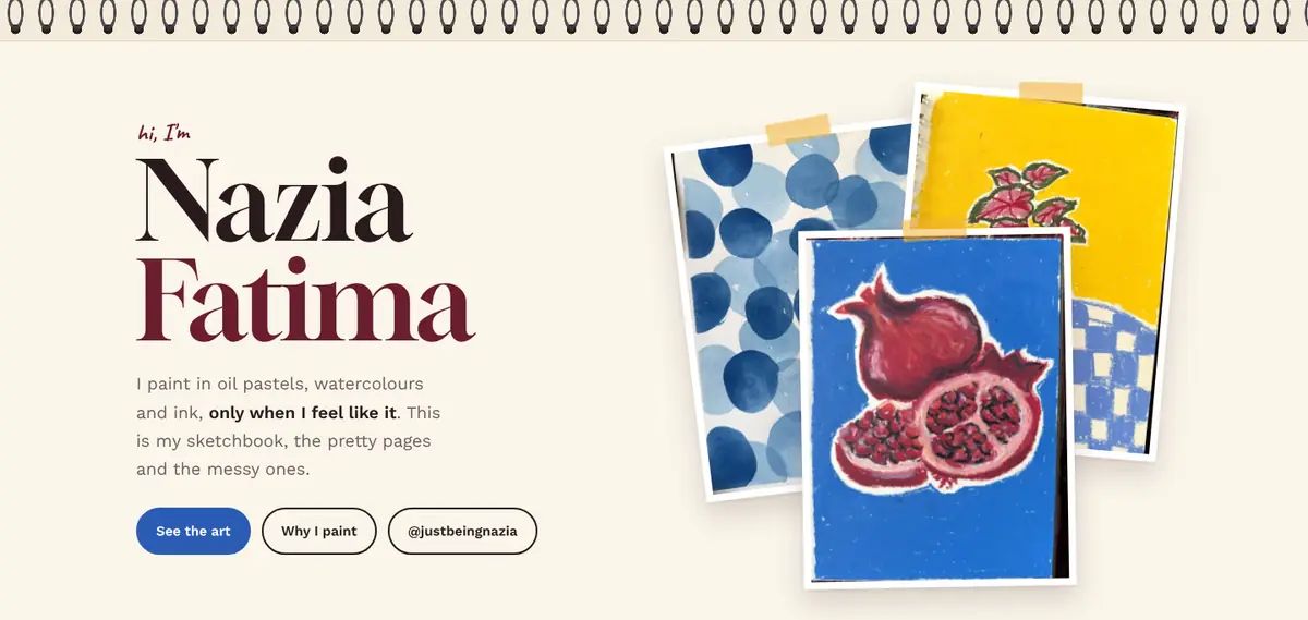 Homepage of Nazia Fatima's art site: hi, I'm Nazia Fatima, with three taped sketchbook pages