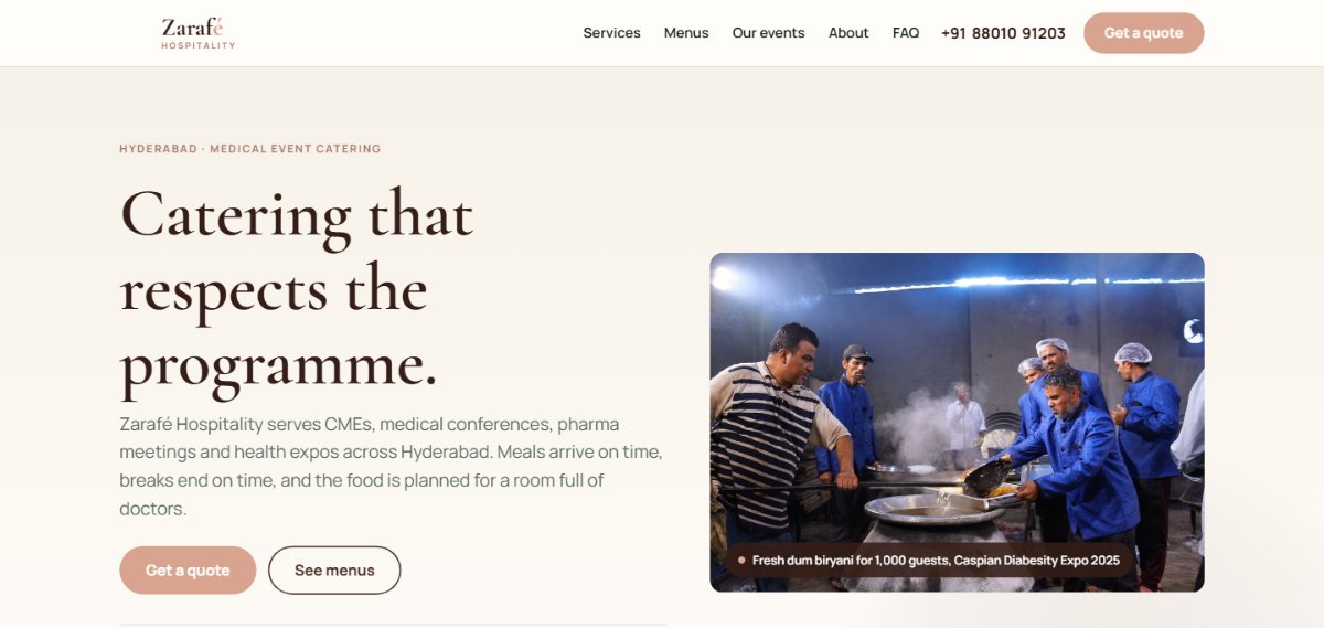Homepage of zarafehospitality.com: Catering that respects the programme